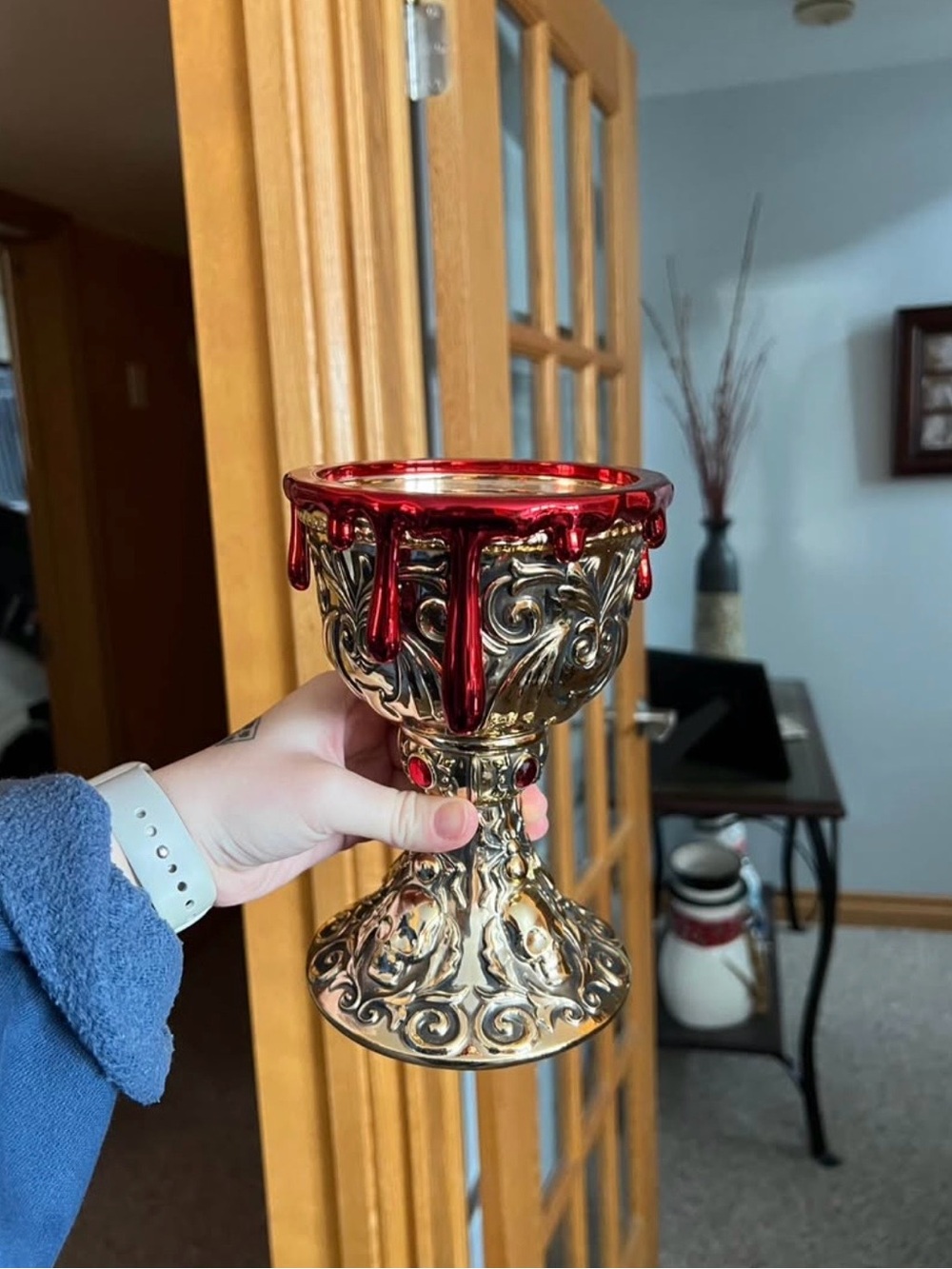 BBW Ornate Chalice Candle Holder with Red Drip Accent